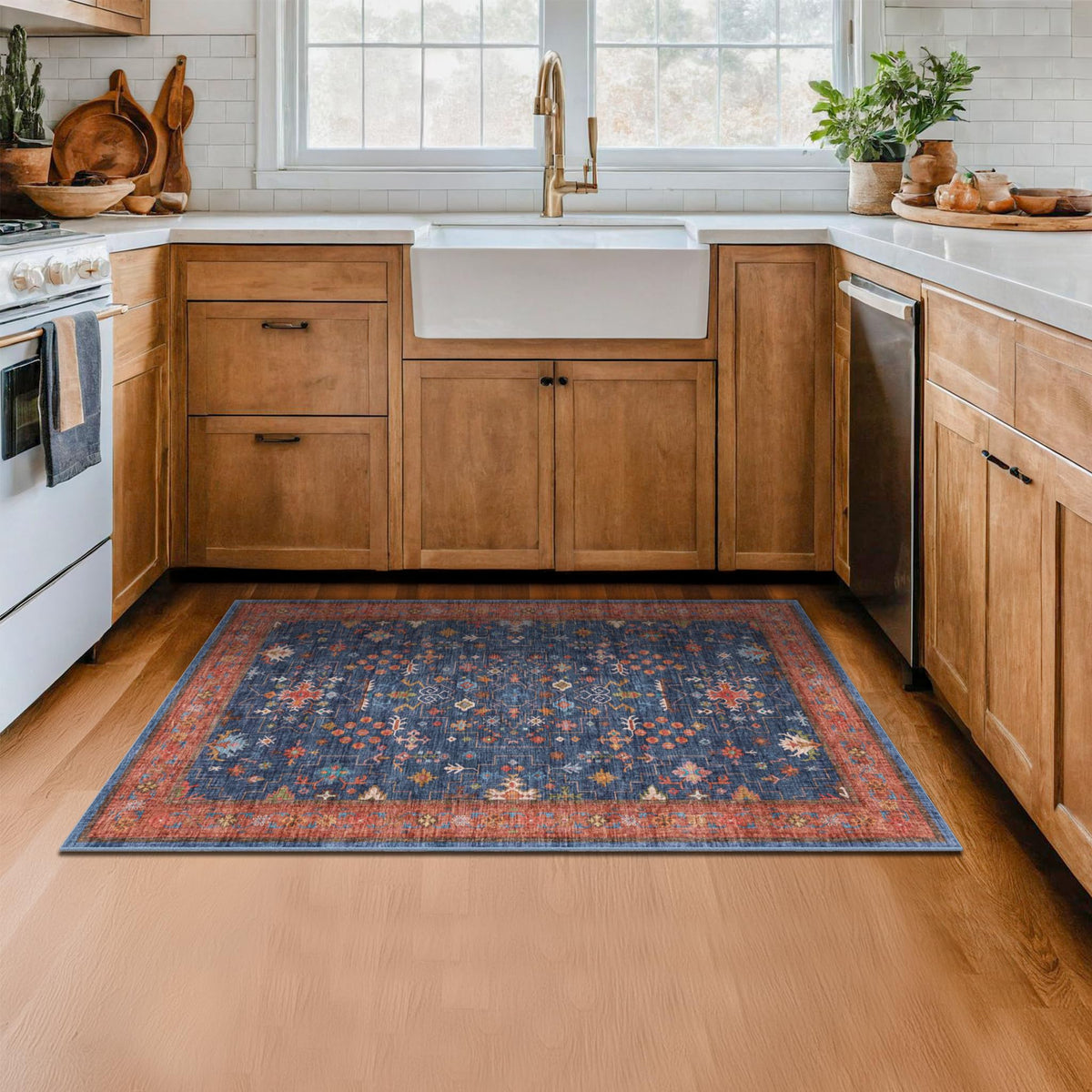Hazo Haus washable kitchen rug 3x4 navy blue with durable, easy-clean surface.