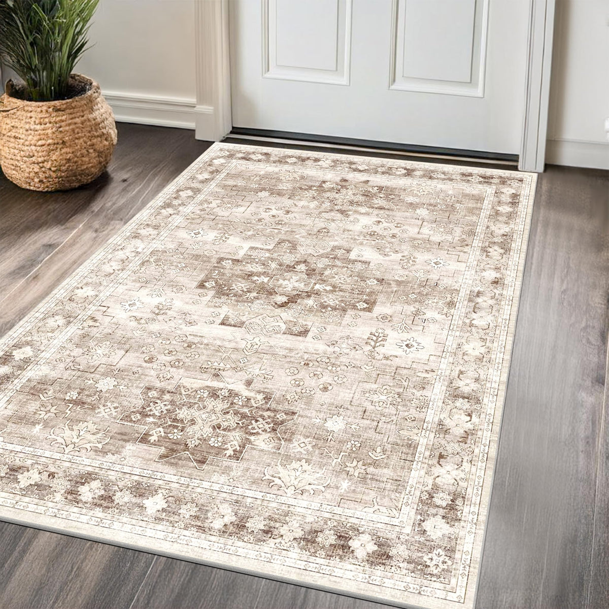 Hazo Haus washable neutral farmhouse rug 3x5 with easy cleaning and care