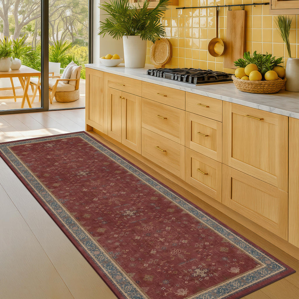 Hazo Haus Turkish Kitchen Runner back view with non-slip grip for safer hallways