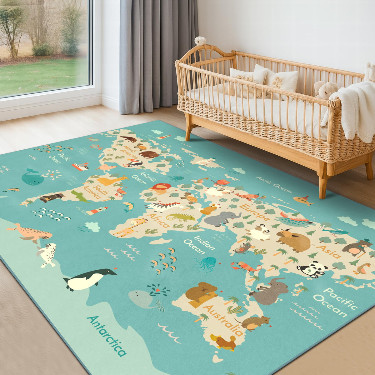 Hazo Haus blue play rug creates calm, inviting learning corners.