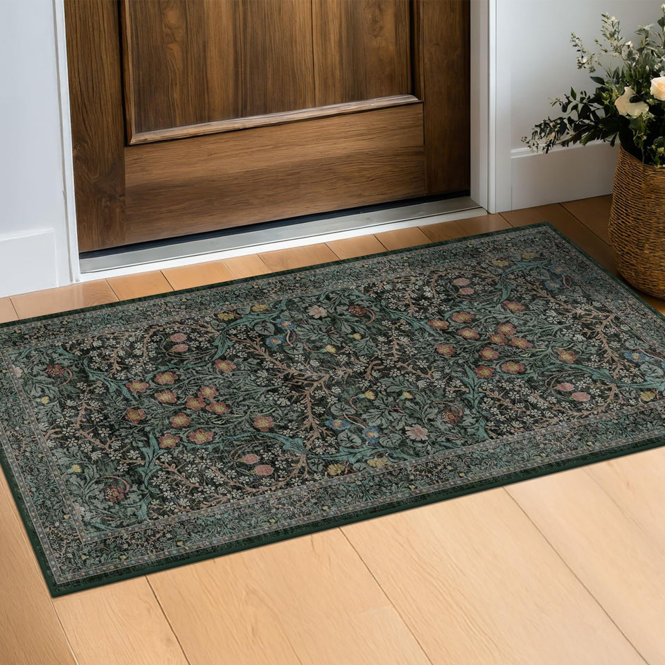Hazo Haus dark green 2x4 rug runner front view adds vintage botanical flair