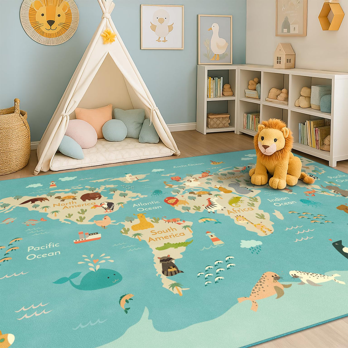 Hazo Haus Washable Kids Playroom Rug with animal world map for easy cleanup.