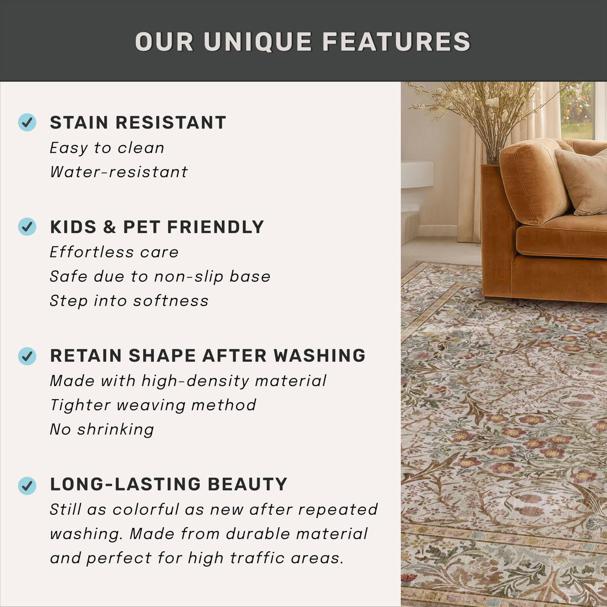 Hazo Haus bathroom and hallway rug designed for quick cleanup.