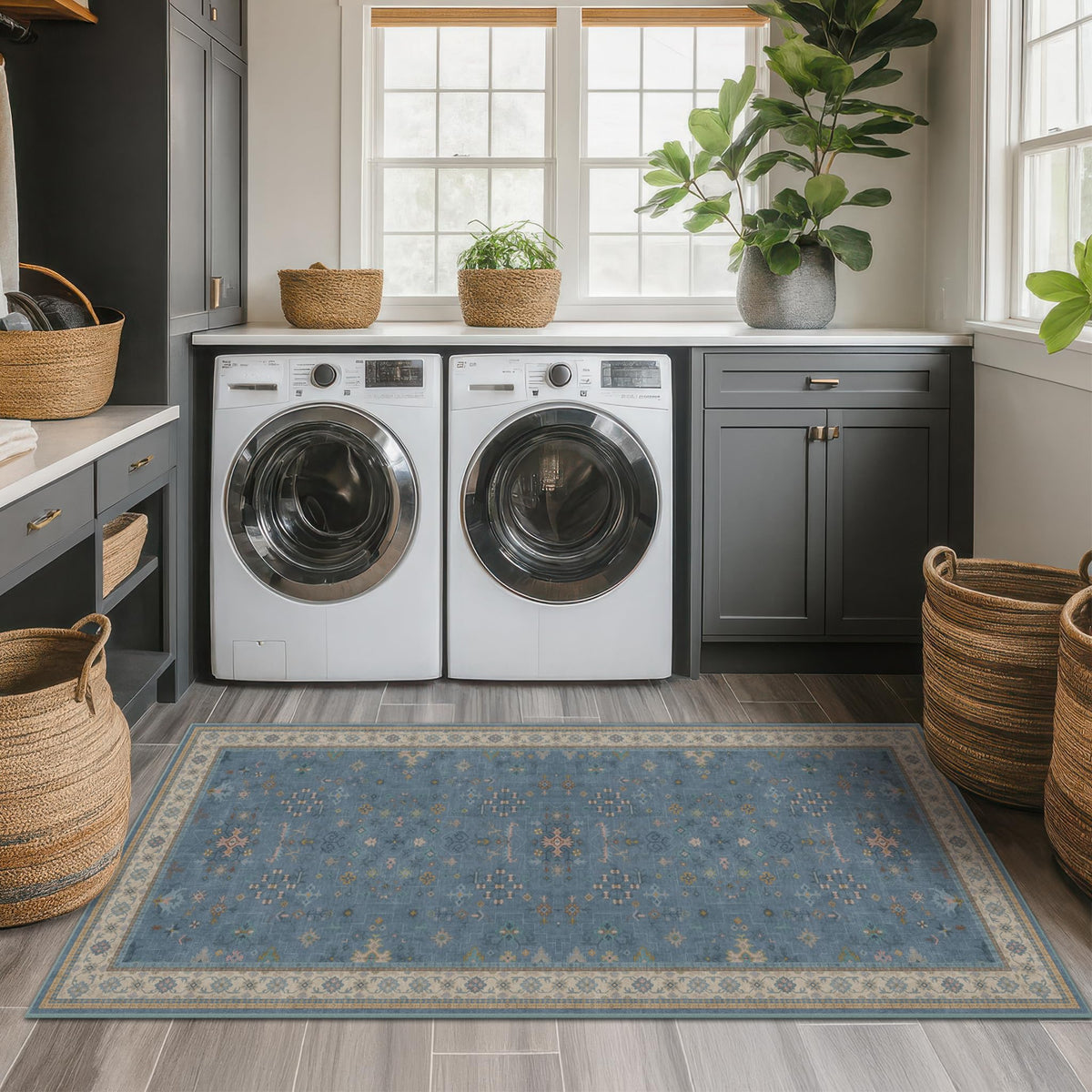 Hazo Haus light blue rug with beige and blush accents enhances decor