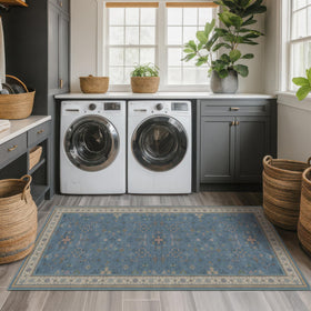 Hazo Haus light blue rug with beige and blush accents enhances decor