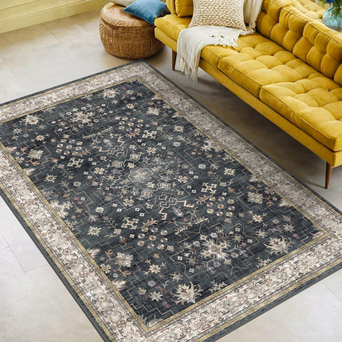 Hazo Haus black modern farmhouse 5x8 rug in a wide living room, easy to clean and inviting.