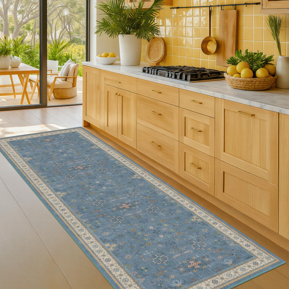 Hazo Haus boho 2x6 rug runner in light blue washable for busy entryways