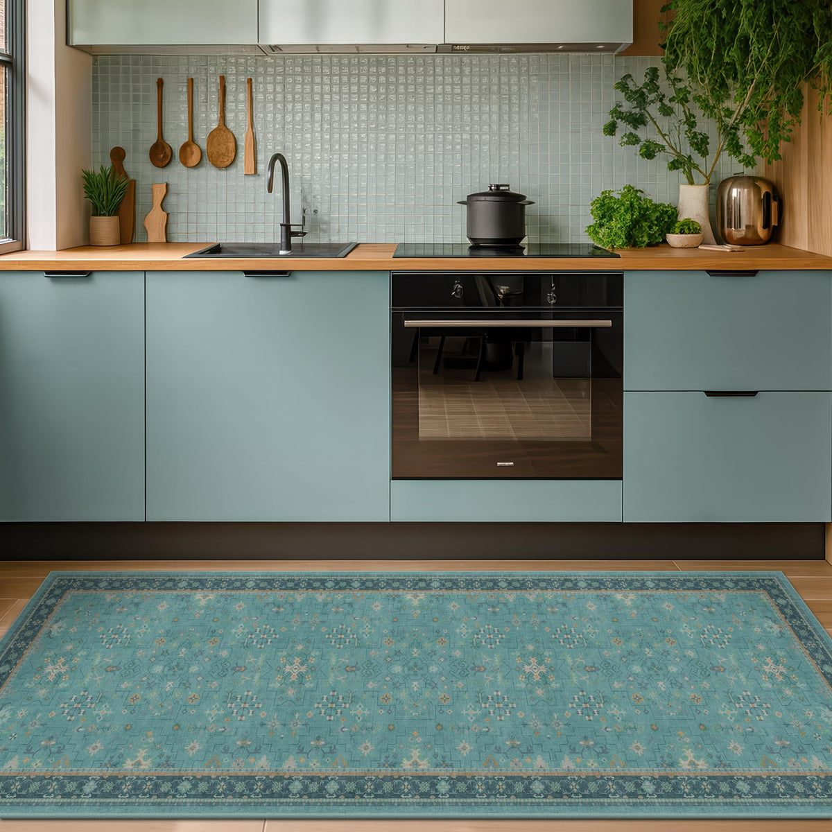 Hazo Haus boho teal runner, washable for busy entryways.
