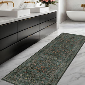 Hazo Haus boho vintage floral dark green rug adds timeless charm to living spaces.