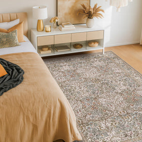 Hazo Haus floral moss green taupe rug complements modern interiors.