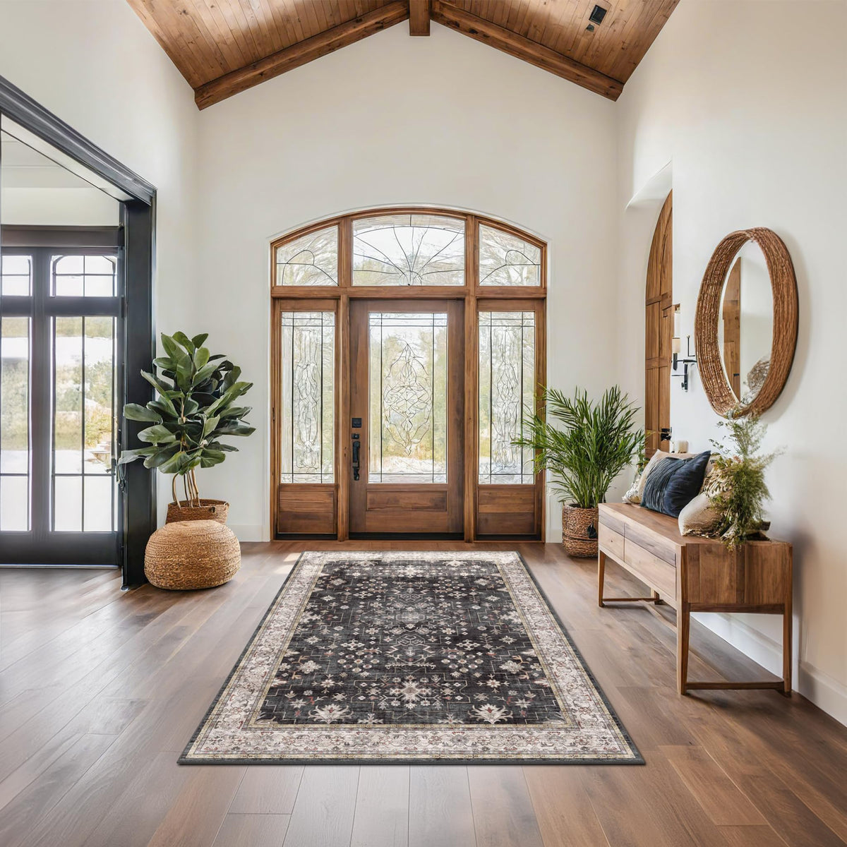 Hazo Haus non-slip backing detail emphasizes safety on wood floors.