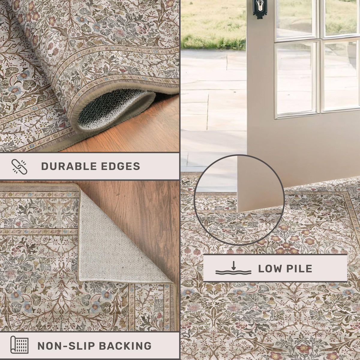 Hazo Haus rug with non-slip backing enhances floor safety.