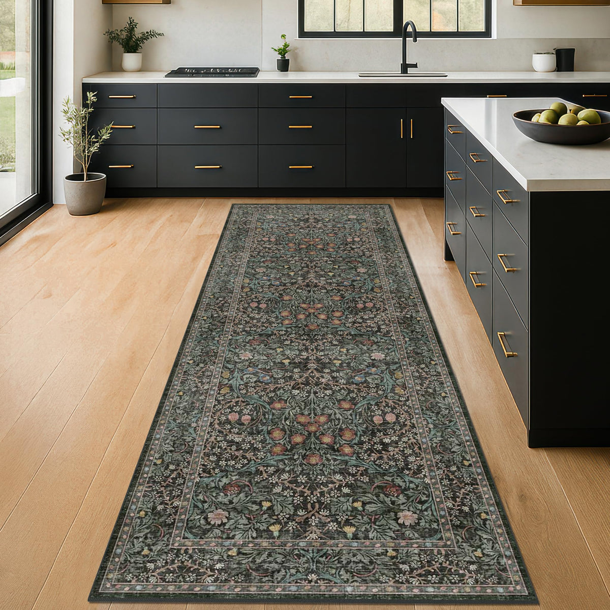 Hazo Haus non-slip kitchen runner 2x6 with botanical print ensures secure footing in busy kitchens.