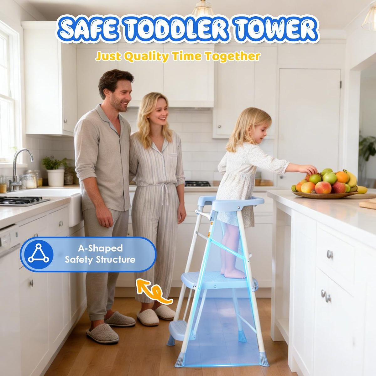 HBTower Kids 2 Steps Stool front view, non-slip feet and rails in action.