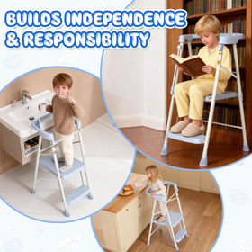 HBTower Kids 2 Steps Stool blue on countertop, teaching independence.