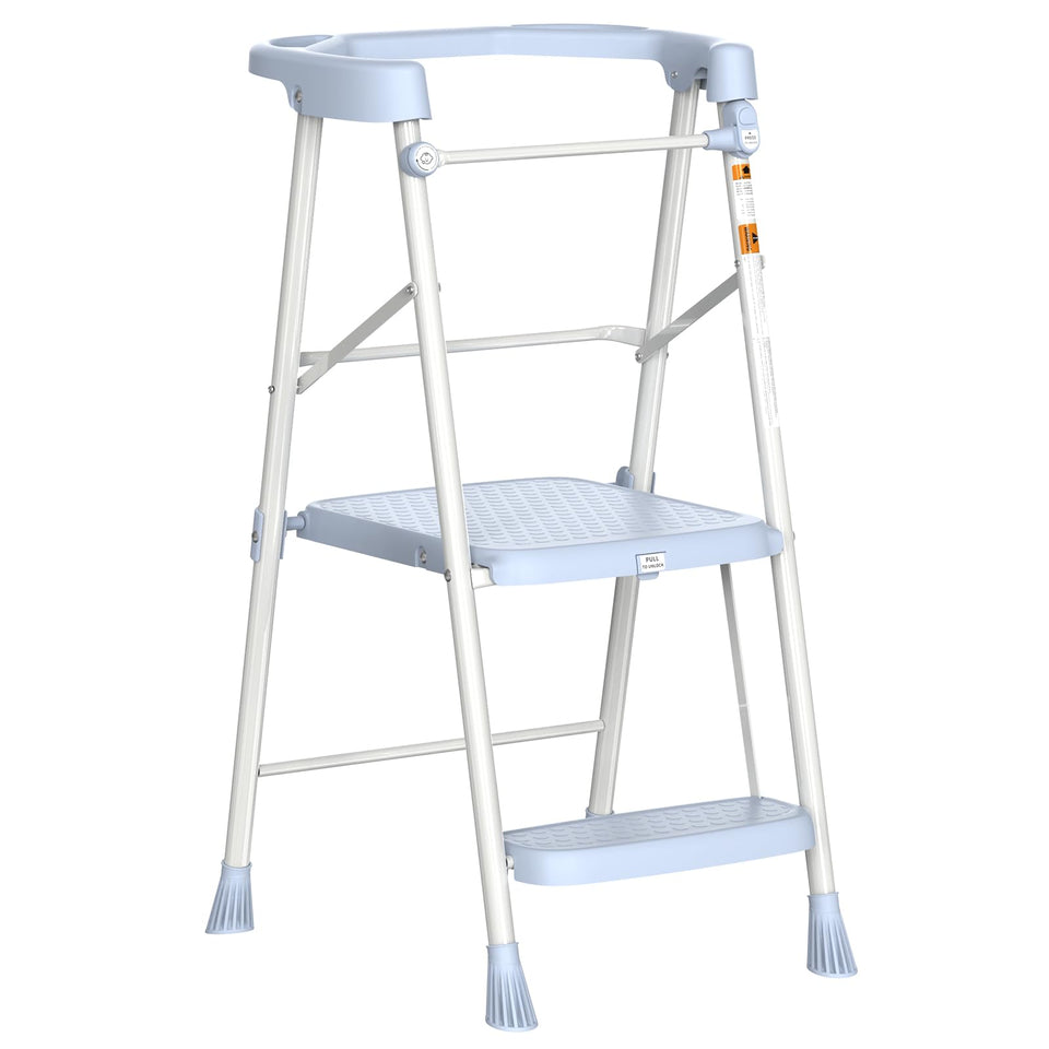 HBTower Kids 2 Steps Stool blue open, ready for counter reach and independent tasks.