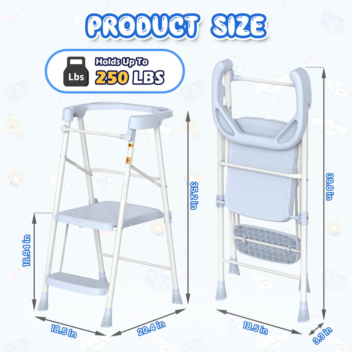 HBTower Kids 2 Steps Stool blue side view, stable A-frame for safe elevation.