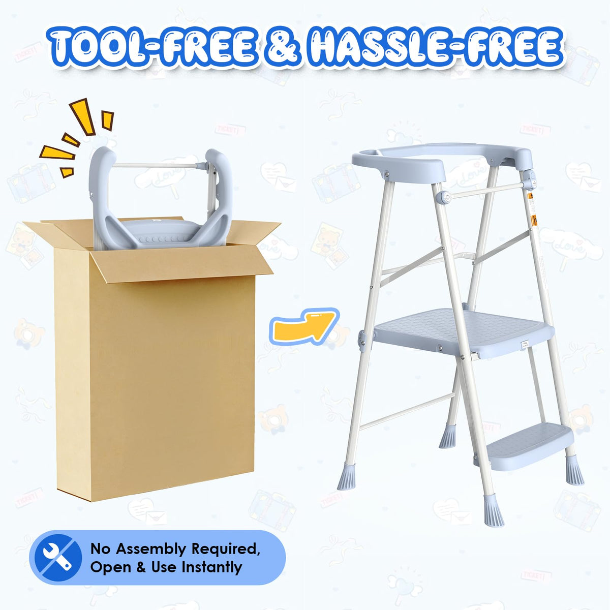 HBTower Kids 2 Steps Stool blue with child reaching the sink.