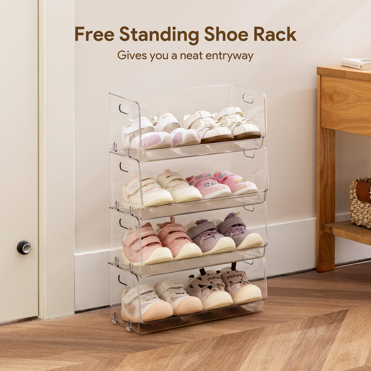 HBlife clear acrylic kids shoe rack in closet for tidy entryways and rooms.