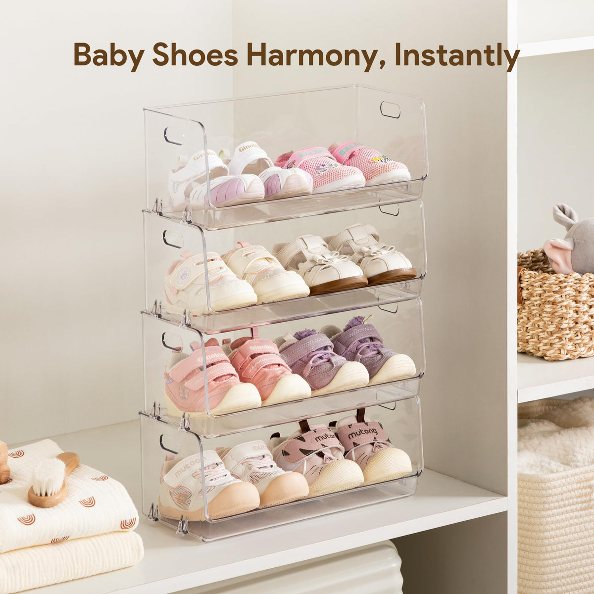HBlife clear acrylic kids shoe rack side view showing transparent durability and easy visibility.
