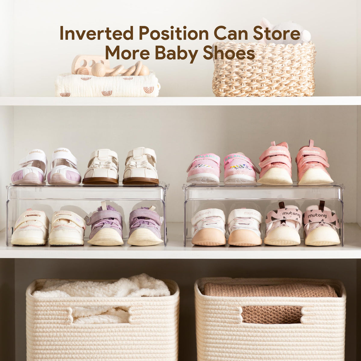 HBlife clear acrylic kids shoe rack features visibility and quick shoe access.