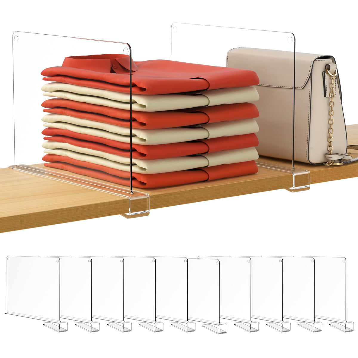 HBlife clear shelf dividers 10-pack on a closet shelf showing organized spacing
