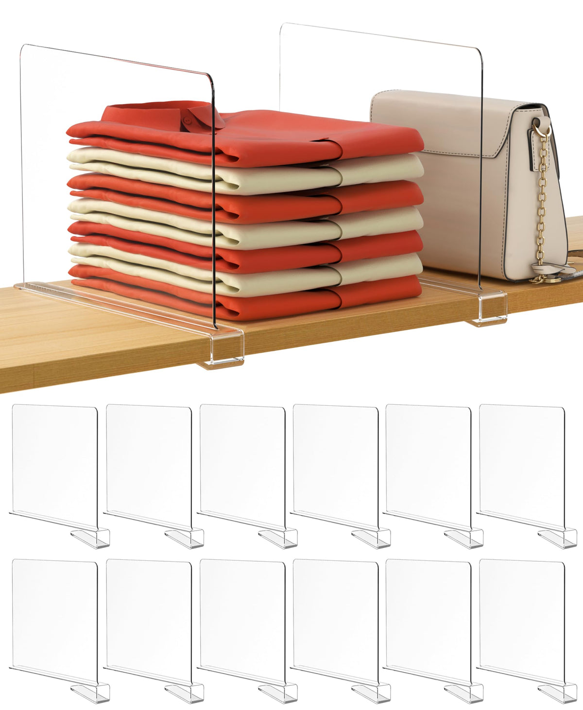 HBlife extra-tall clear shelf dividers organize sweaters on a shelf for quick access