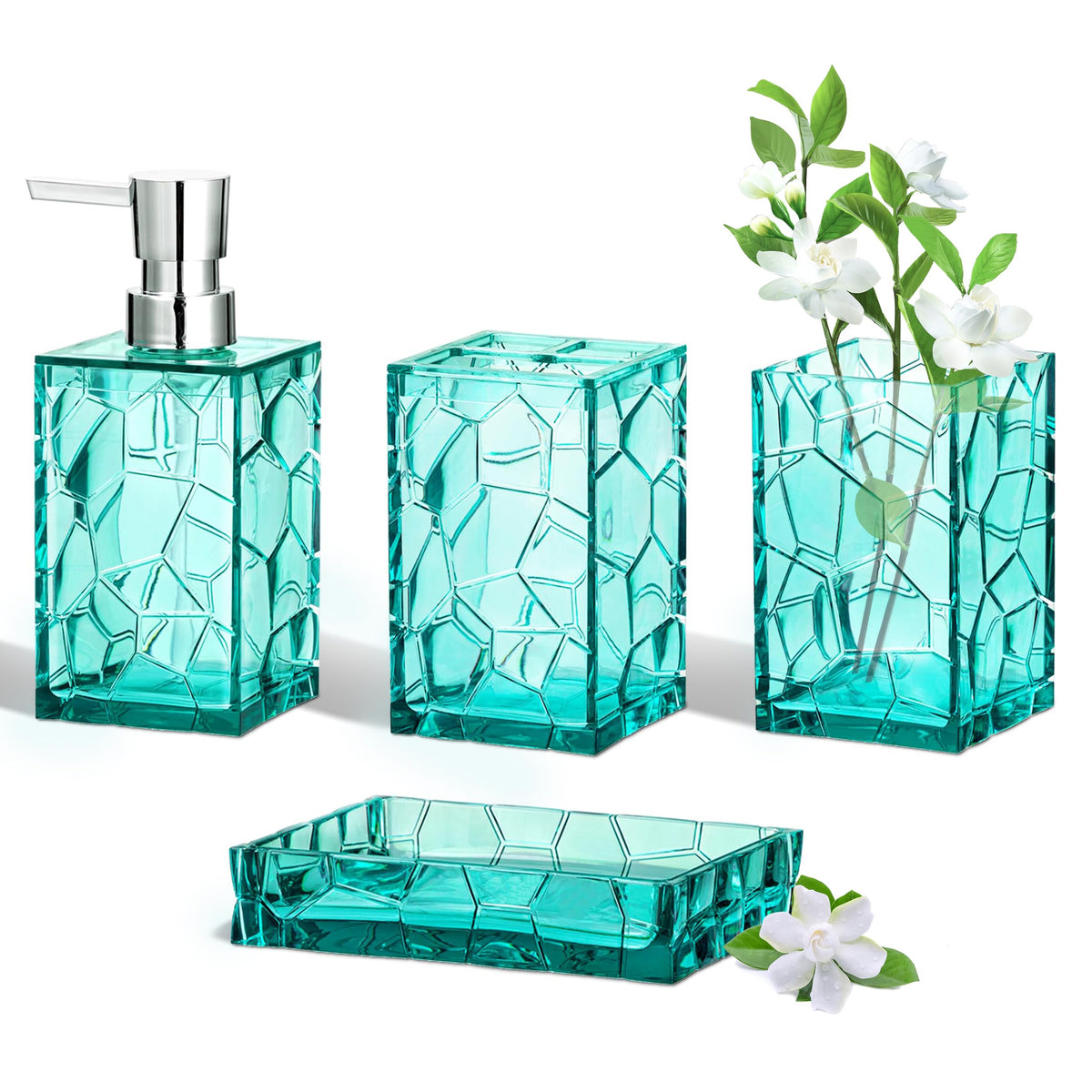 HBlife teal bathroom set collection shows crystal-clear acrylic and modern organization.