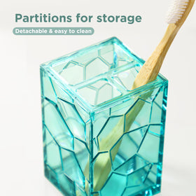 HBlife teal toothbrush cup doubles as a mouthwash cup and storage.