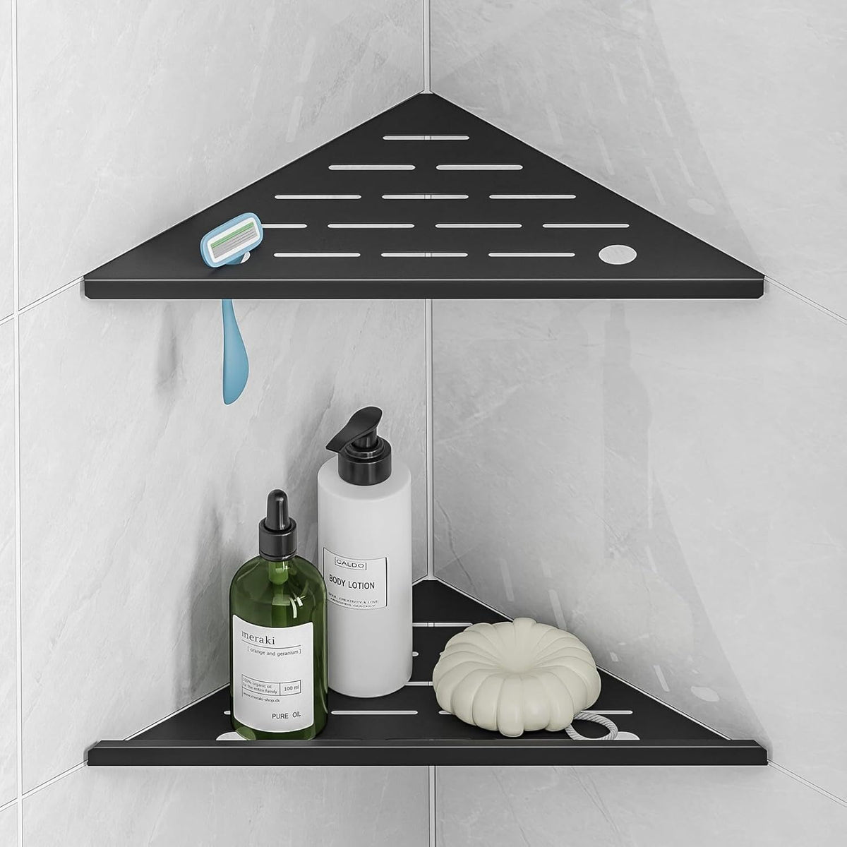 HBXS corner shower shelf with razor hole for organized grooming storage