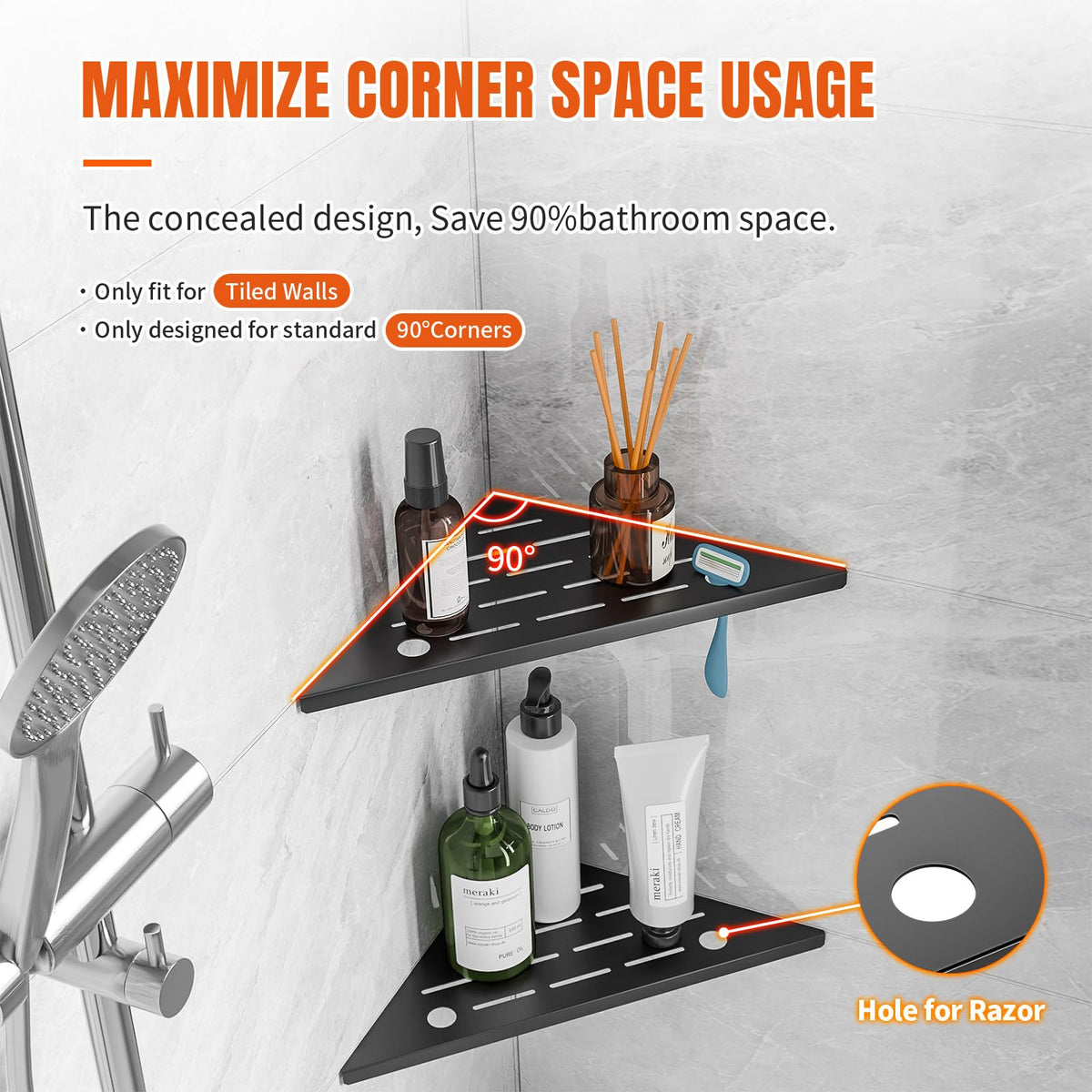 HBXS no-drilling tile shelf installs securely without adhesives or hooks