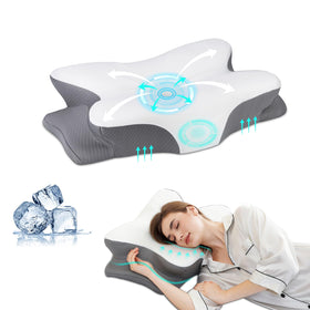 HBYGE memory foam pillow with ergonomic bow-tie contour supports neck and shoulders.