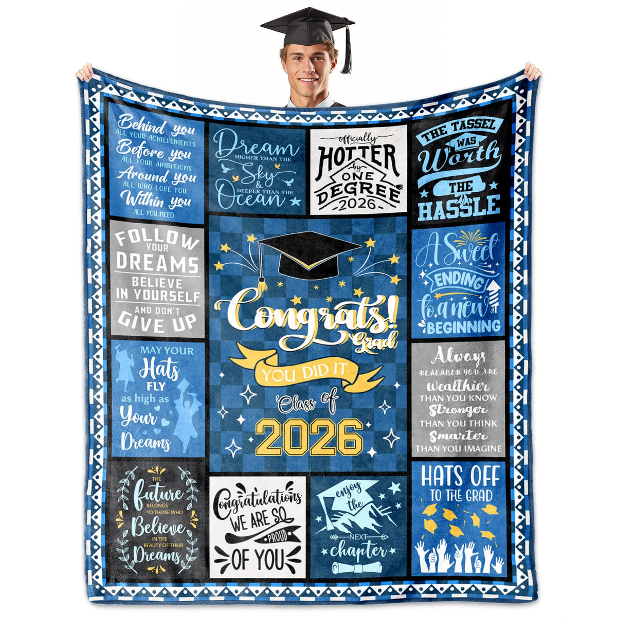 HCDER graduation blanket folded for gifting, compact warmth for travel.