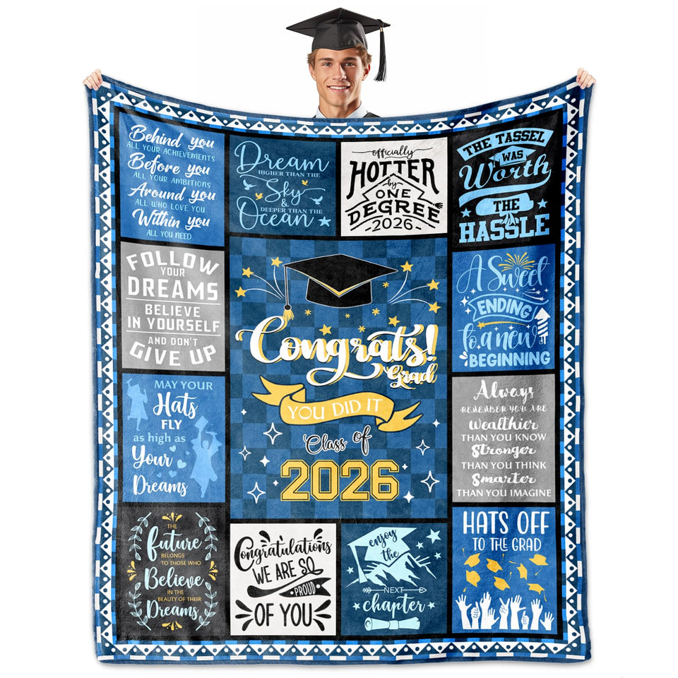 HCDER graduation blanket folded for gifting, compact warmth for travel.