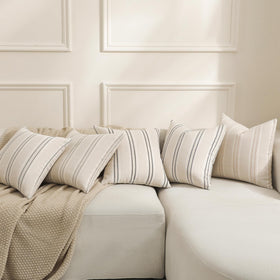 Hckot navy blue linen cover blends with bed or entryway seating.