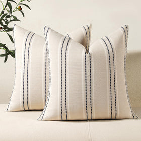Hckot navy blue pillow cover with striped linen texture, ideal for sofas and chairs.