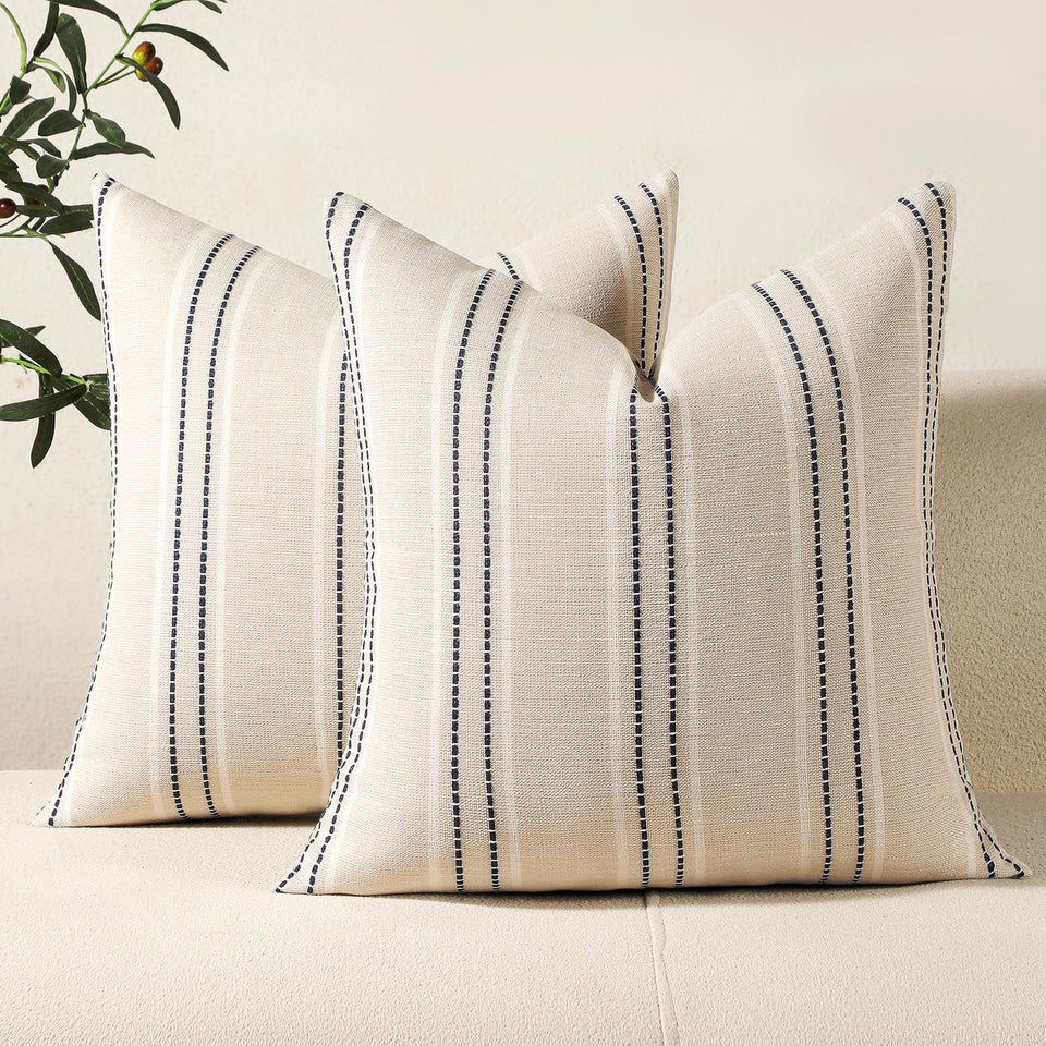 Hckot navy blue pillow cover with striped linen texture, ideal for sofas and chairs.
