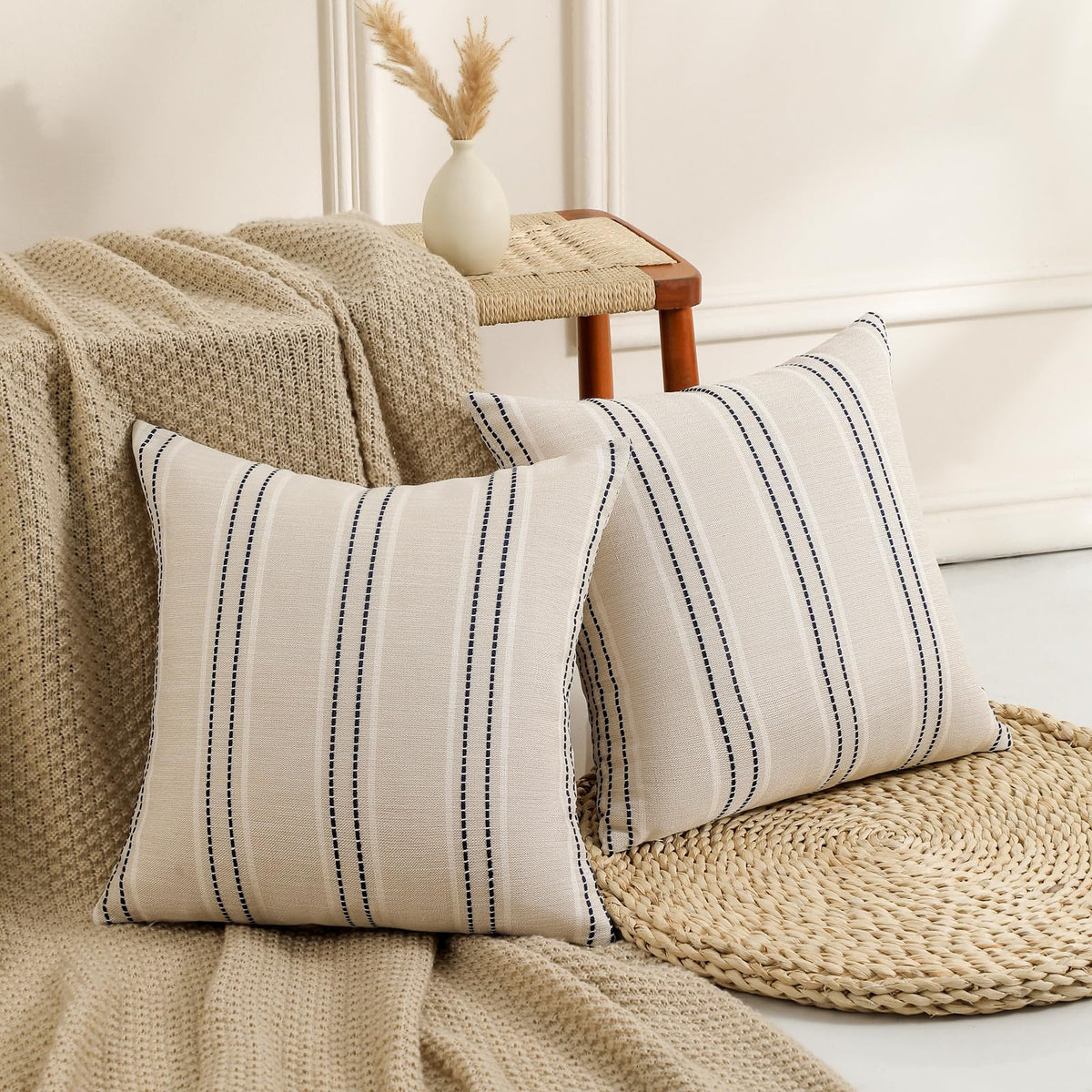 Hckot navy 24x24 pillow cover, double-sided stripes, refreshes sofas and chairs.