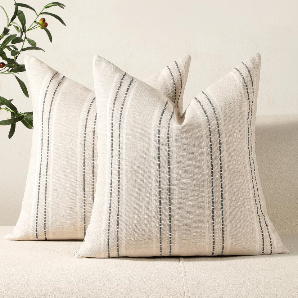 Hckot throw pillow cover in grey linen with striped texture for sofa decor