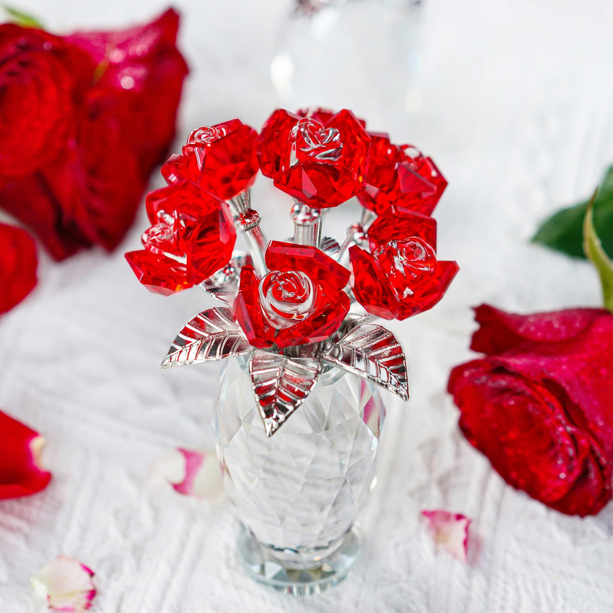 H&D Hyaline & Dora crystal rose petals sparkle in bright light.