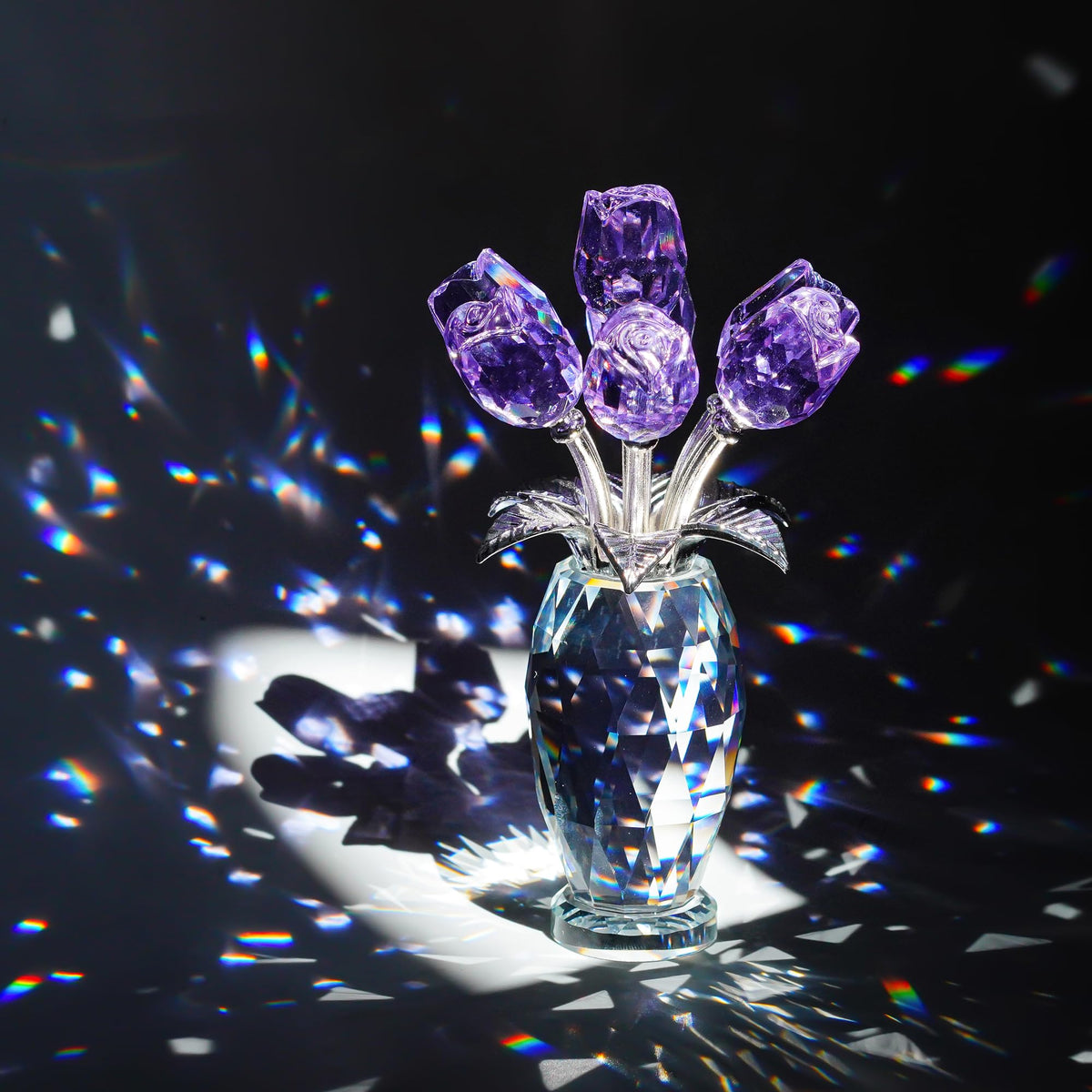 Gift packaging of the purple crystal rose with box and care cloth.