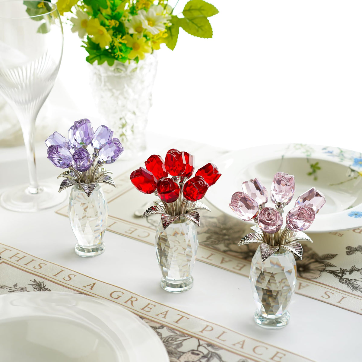 Shelf display featuring the purple crystal rose as a focal piece.