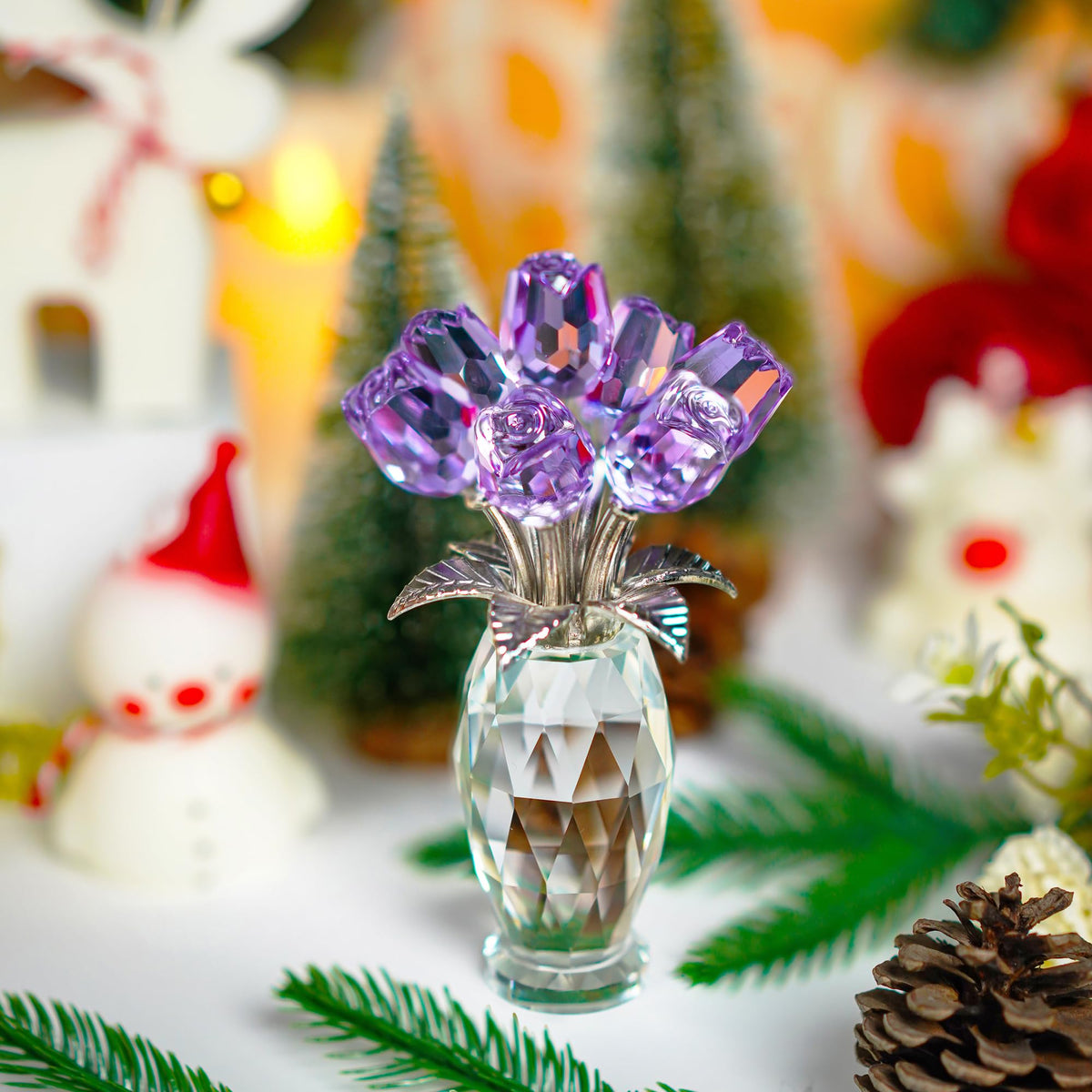 Purple crystal rose styled for wedding or conference decor.