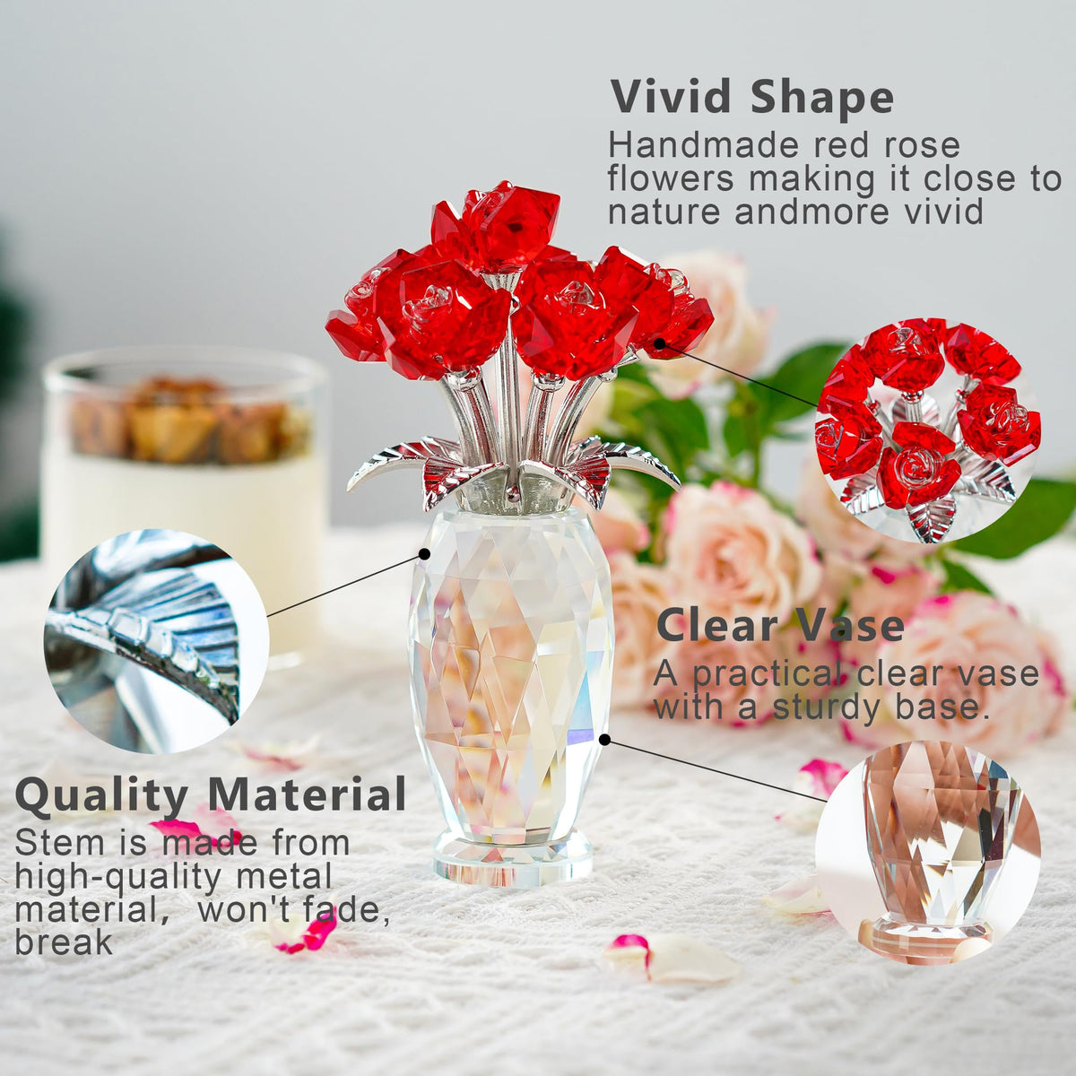 Handmade K9 crystal rose with metal stem by H&D Hyaline & Dora.