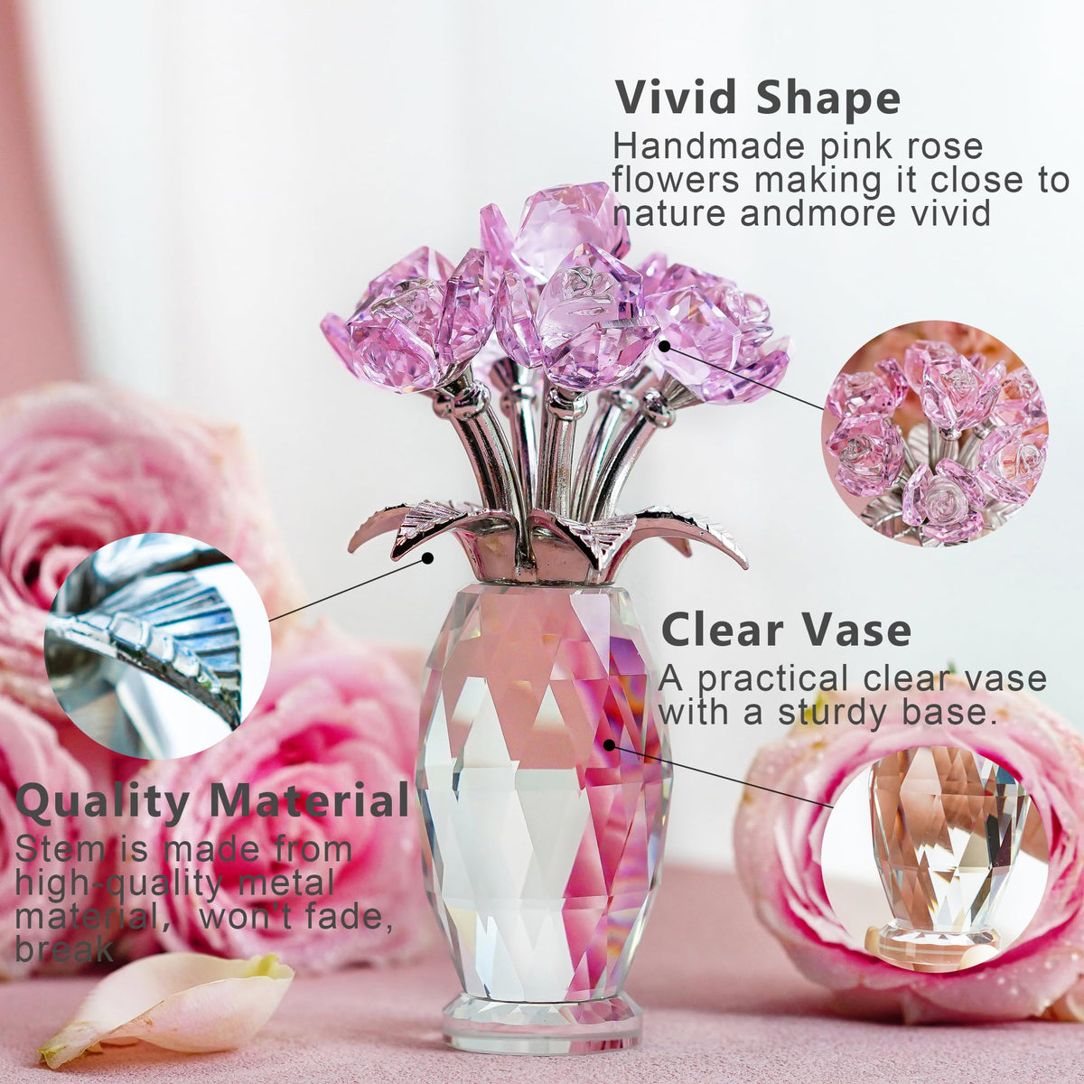 Gift-ready pink crystal rose figurine by H&D Hyaline & Dora in its box