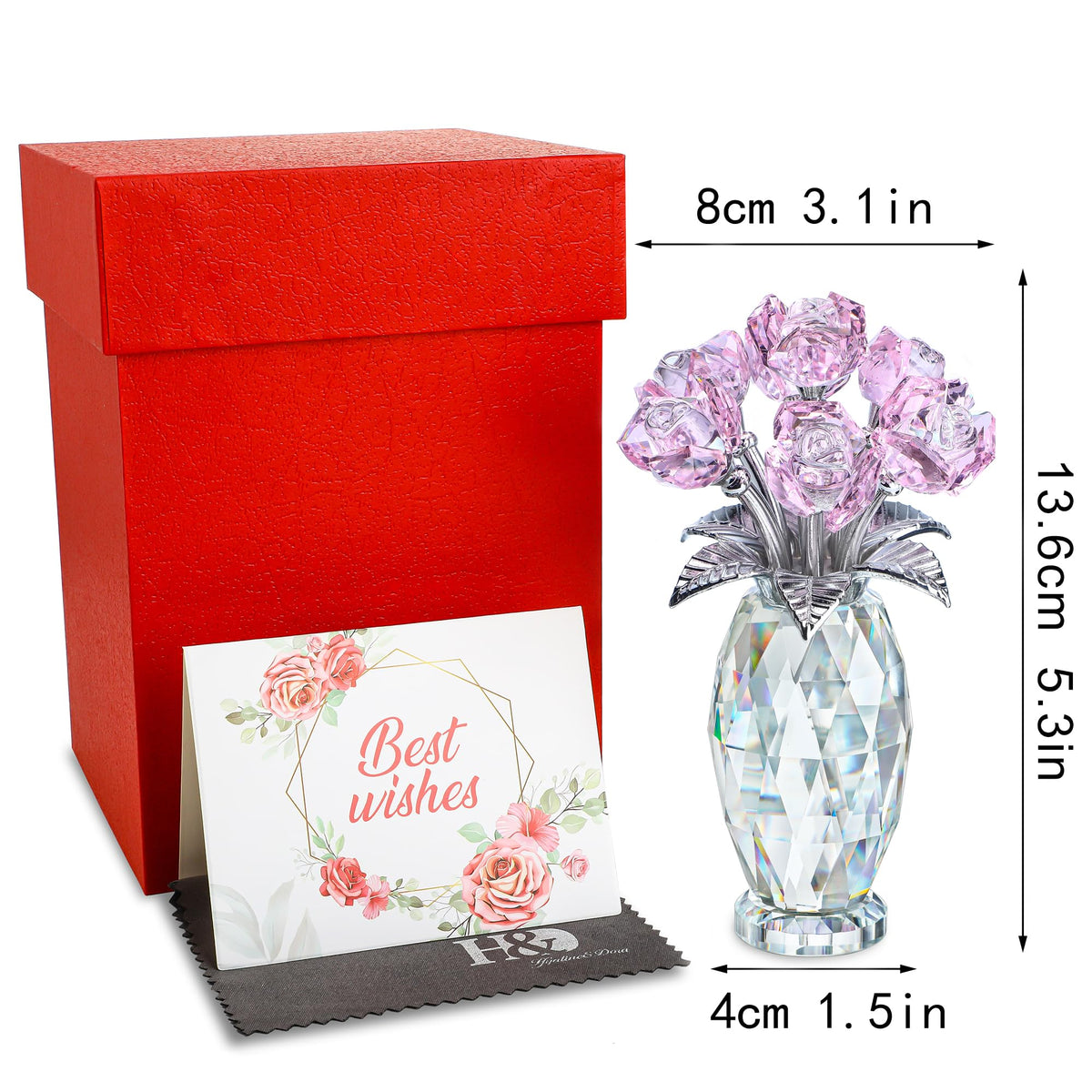 Polishing cloth included for the H&D Hyaline & Dora pink crystal rose figurine