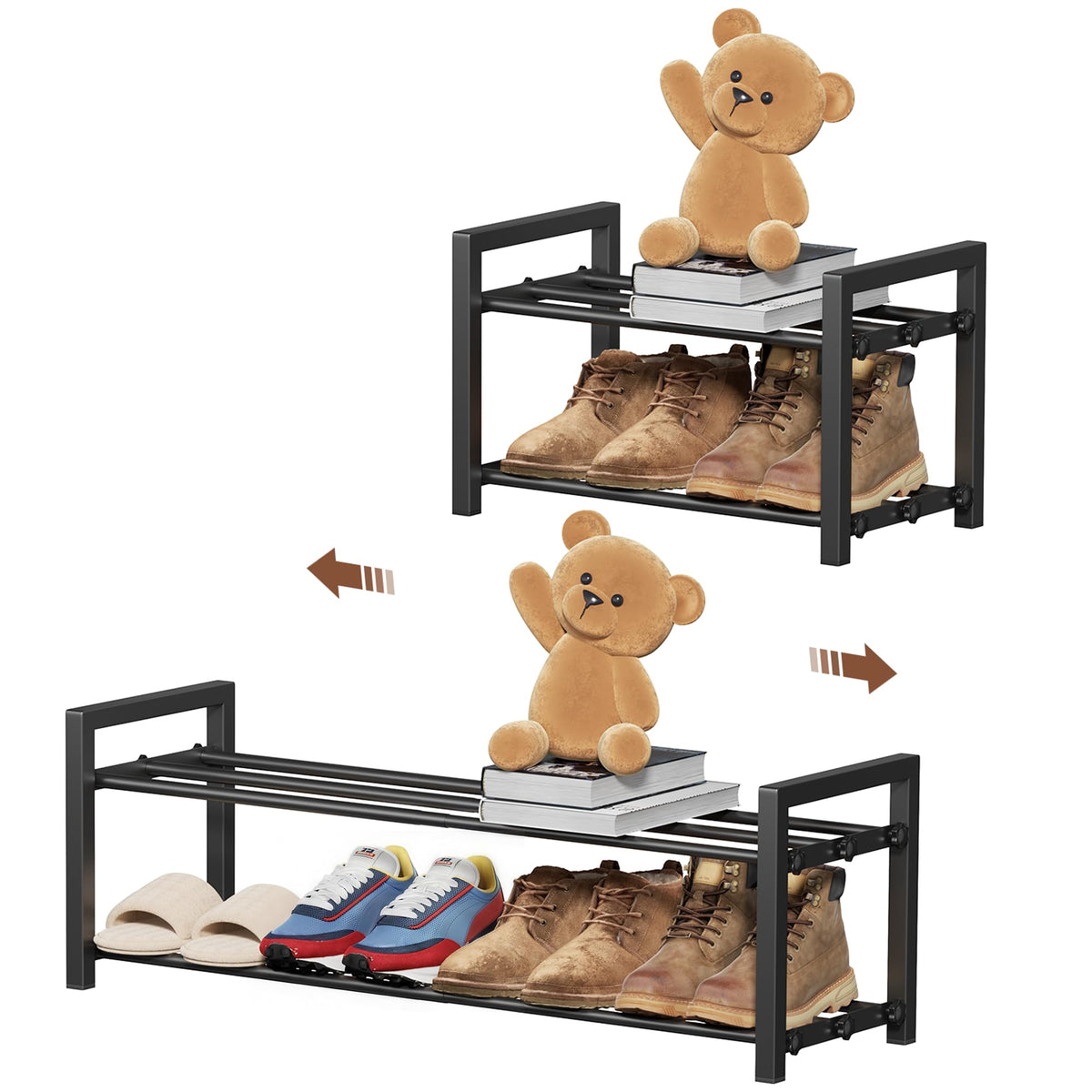 HDDTTZ 2-Tier shoe rack front view highlighting adjustable width for tight entryways