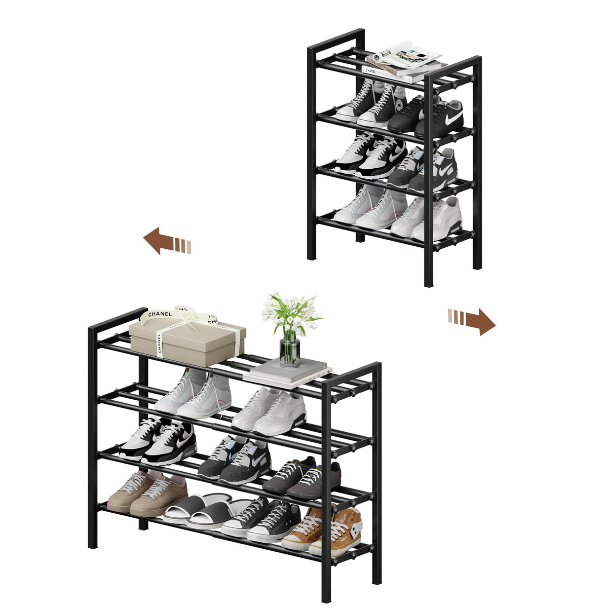 HDDTTZ 4-Tier Expandable Shoe Rack front view showing compact entryway storage benefits.