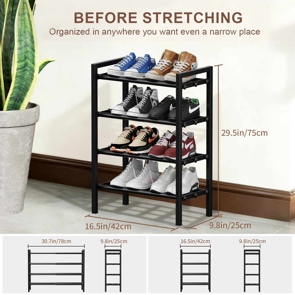 HDDTTZ 4-Tier Expandable Shoe Rack side view highlighting a strong frame.