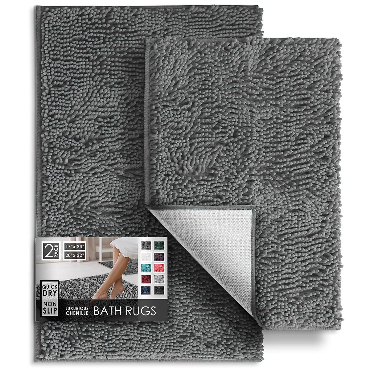Hearth & Harbor gray 17x24 rug set shows plush chenille for cozy post-shower steps.